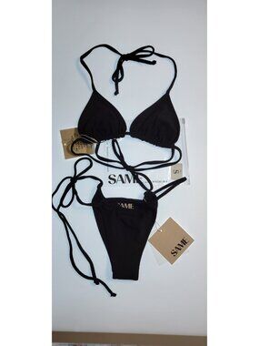 SAME Los Angeles Black Faux Suede Bikini Set Size S Triangle Top Tie Side
